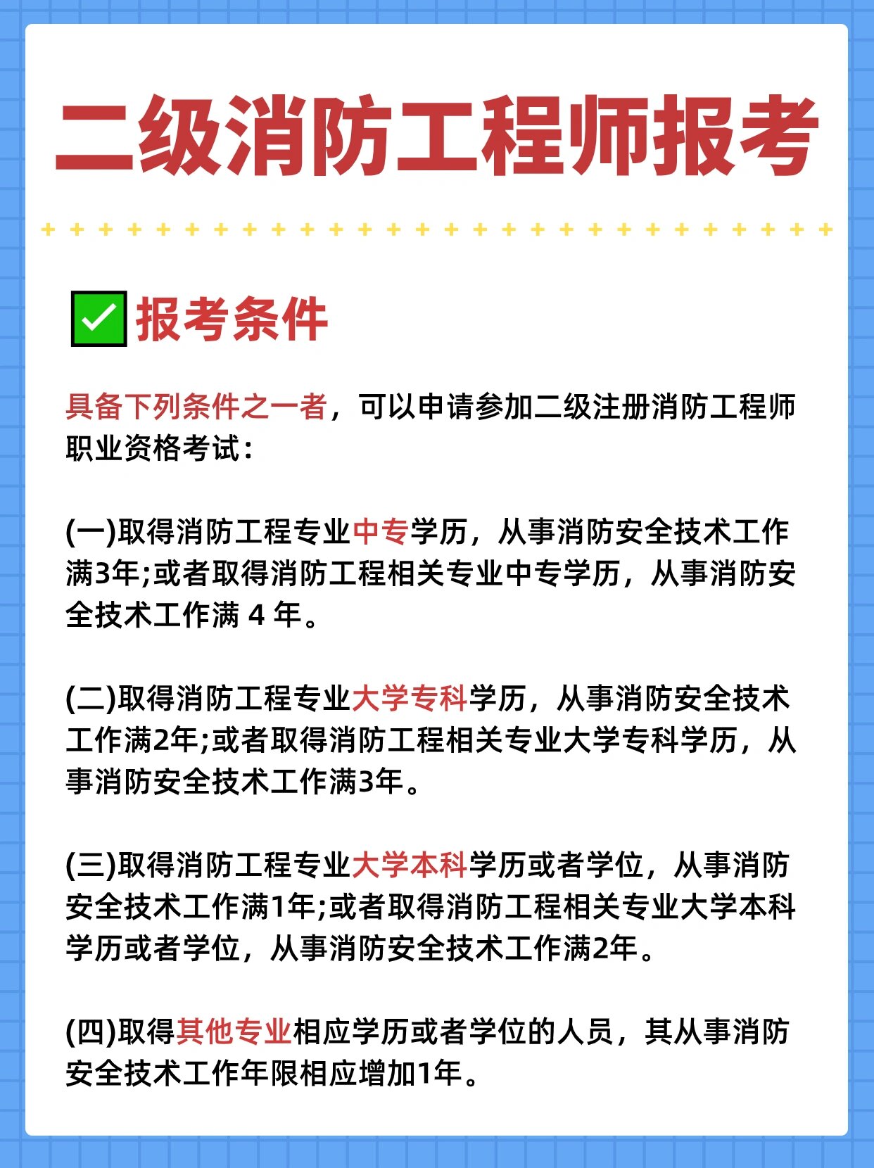 2020年二级消防工程师证报考条件是什么,报考二级消防工程师的条件 第2张 2020年二级消防工程师证报考条件是什么,报考二级消防工程师的条件 第2张